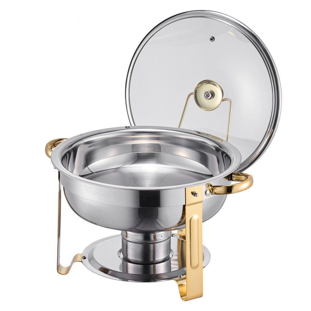 VEVOR Chafing Dish Buffet Set, 5 Qt 4 Pack, Stainless Steel Chafer with 4 Full Size Pan, Round Catering Warmer Server with Glass Lid Water Pan Folding Stand Fuel Holder, for Wedding Party Banquet, Gold