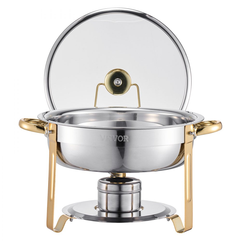 VEVOR Chafing Dish Buffet Set, 5 Qt 4 Pack, Stainless Steel Chafer with 4 Full Size Pan, Round Catering Warmer Server with Glass Lid Water Pan Folding Stand Fuel Holder, for Wedding Party Banquet, Gold