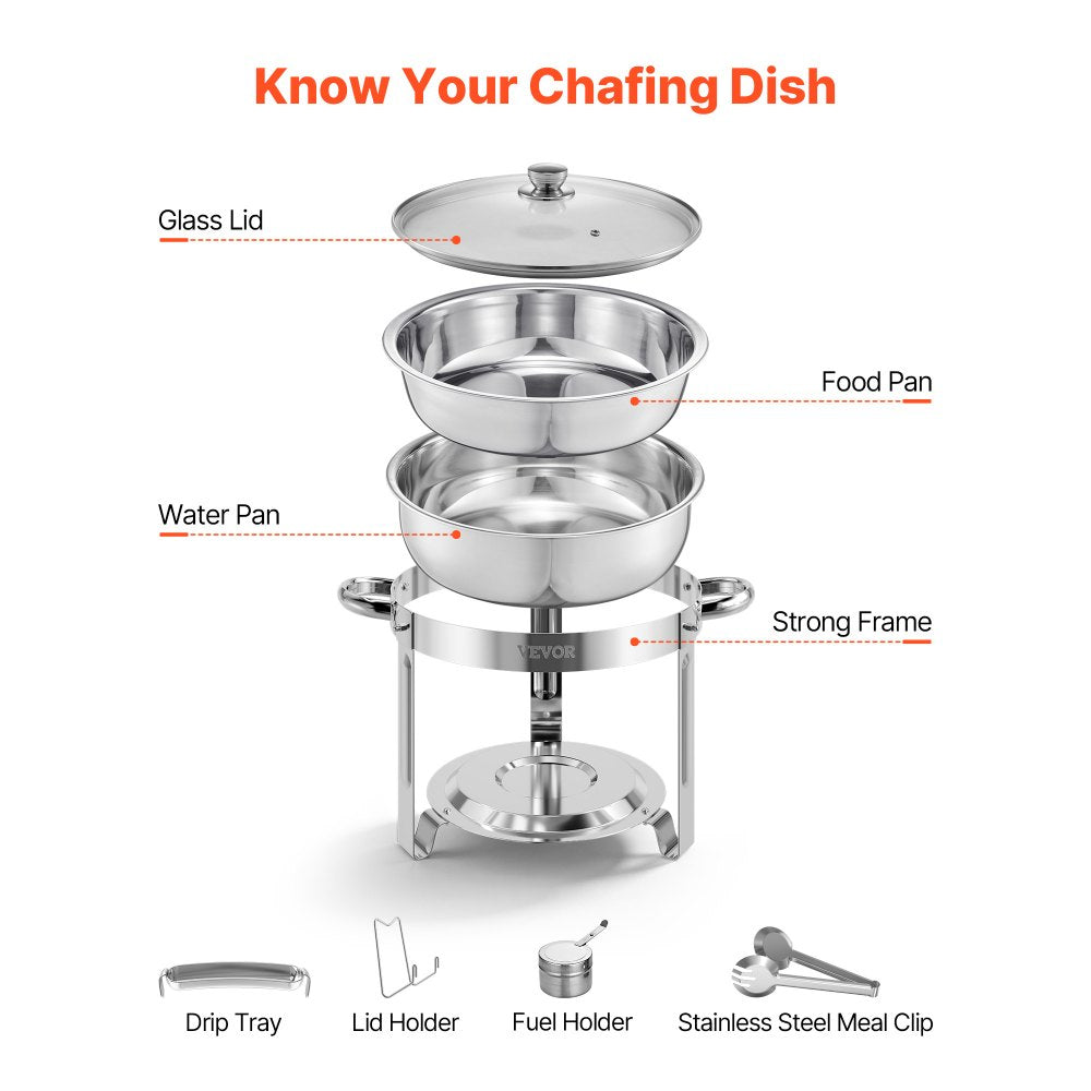 VEVOR Chafing Dish Buffet Set, 5 Qt 4 Pack, Stainless Steel Chafer with 4 Full Size Pan, Round Catering Warmer Server with Glass Lid Water Pan Folding Stand Fuel Holder, for Wedding Party Banquet