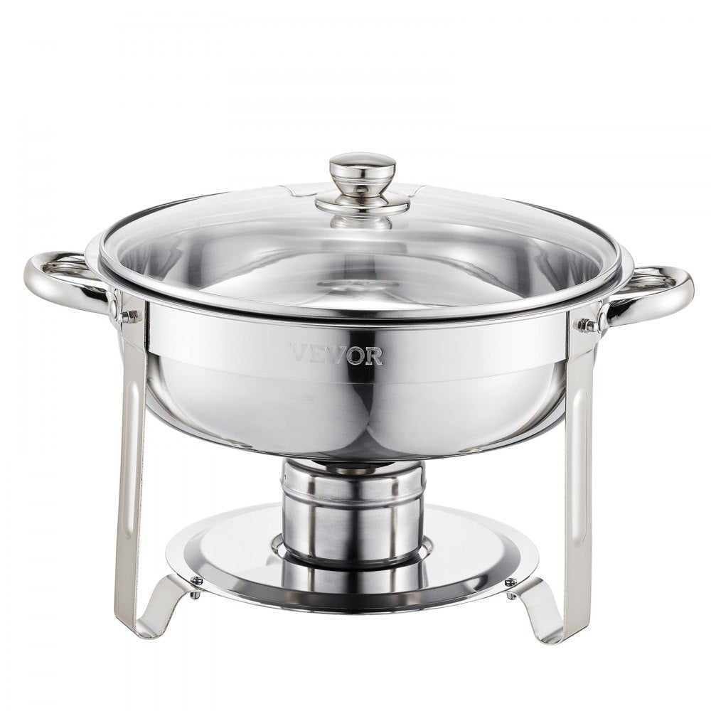 VEVOR Chafing Dish Buffet Set, 5 Qt 4 Pack, Stainless Steel Chafer with 4 Full Size Pan, Round Catering Warmer Server with Glass Lid Water Pan Folding Stand Fuel Holder, for Wedding Party Banquet