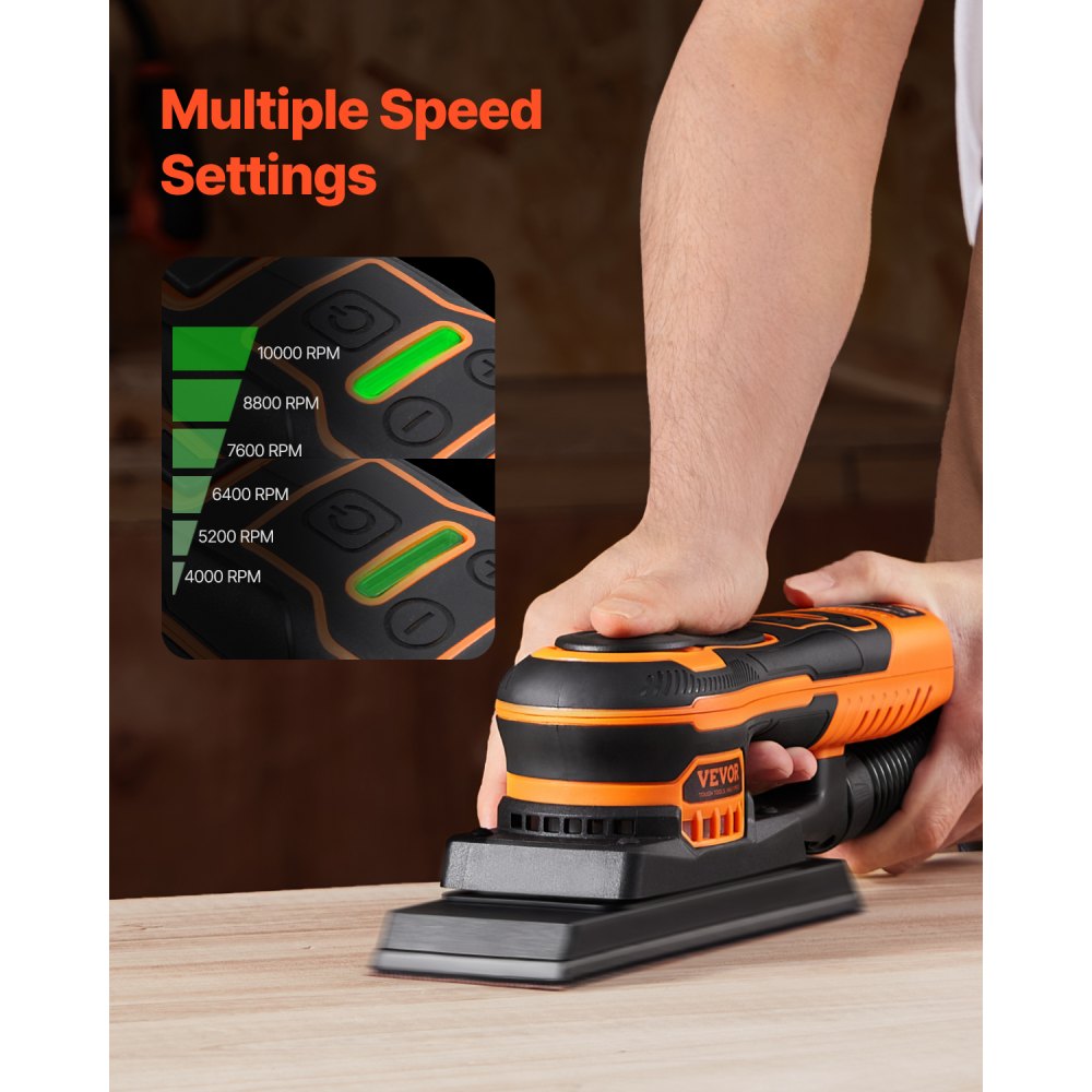 VEVOR Sheet Sander, 3/8 Sheet 3A EC Brushless Sander, Max. 10000RPM Variable Speed Sheet Finishing Sander with 10PCS Sandpapers and Vacuum Cleaner Adapter for Woodworking
