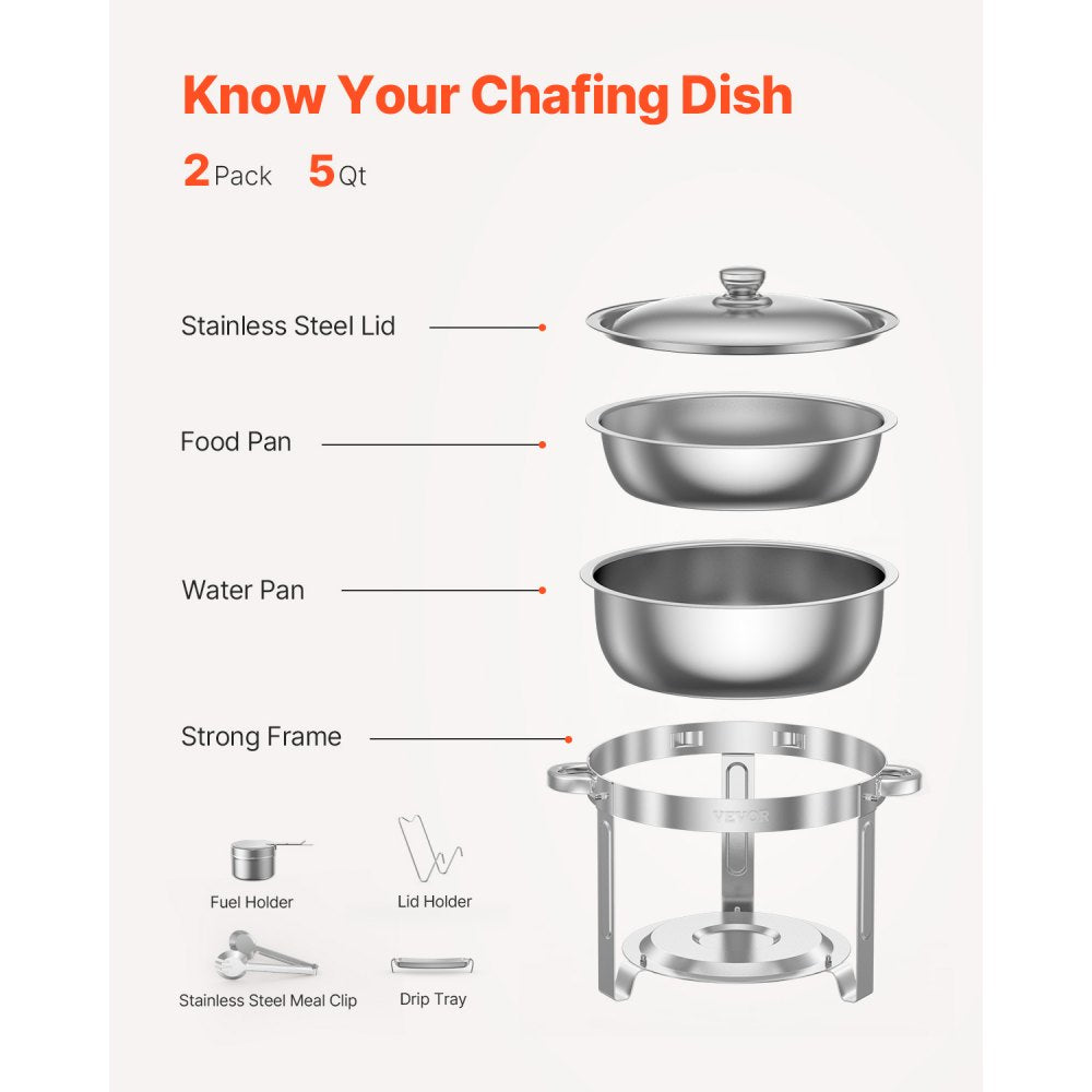 VEVOR Chafing Dish Buffet Set, 5 Qt 2 Pack, Stainless Steel Chafer with 2 Full Size Pans, Round Catering Warmer Server with Lid Water Pan Folding Stand Clip, for Weddings Parties Banquets, Silver