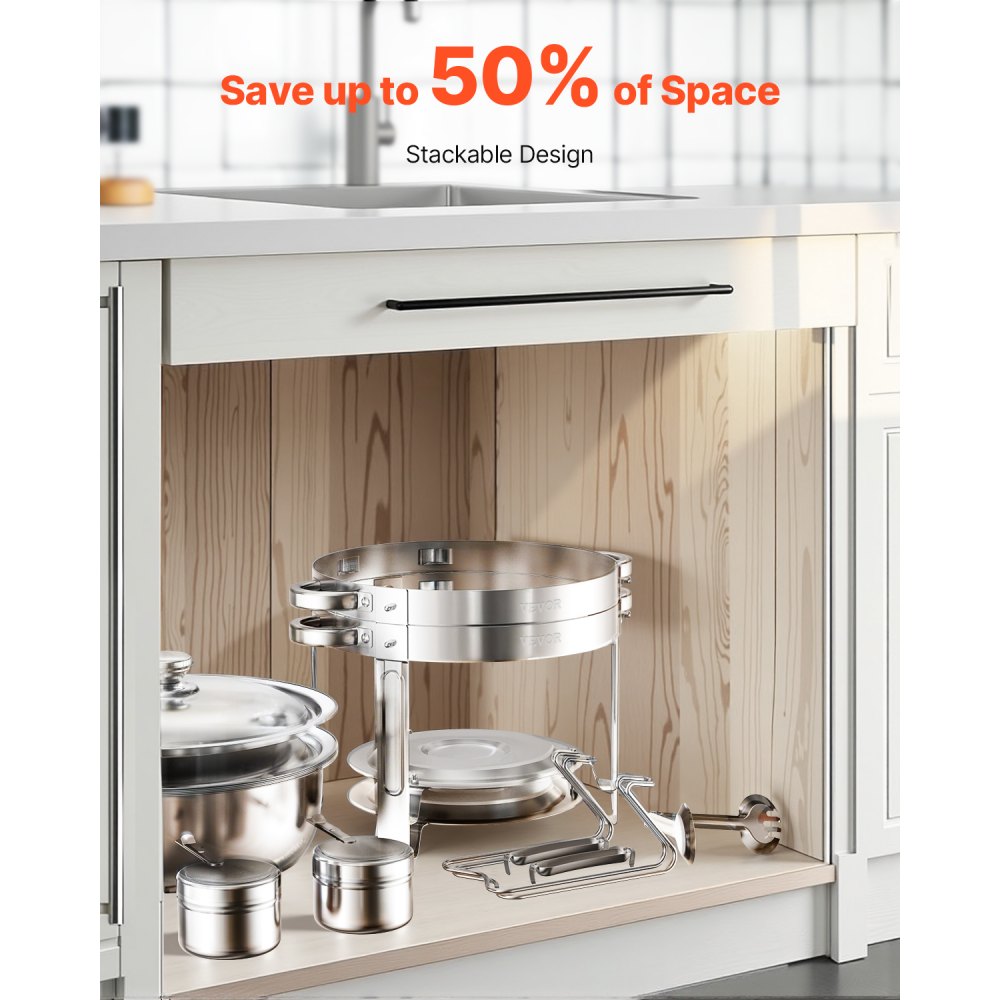 VEVOR Chafing Dish Buffet Set, 5 Qt 2 Pack, Stainless Steel Chafer with 2 Full Size Pans, Round Catering Warmer Server with Lid Water Pan Folding Stand Clip, for Weddings Parties Banquets, Silver