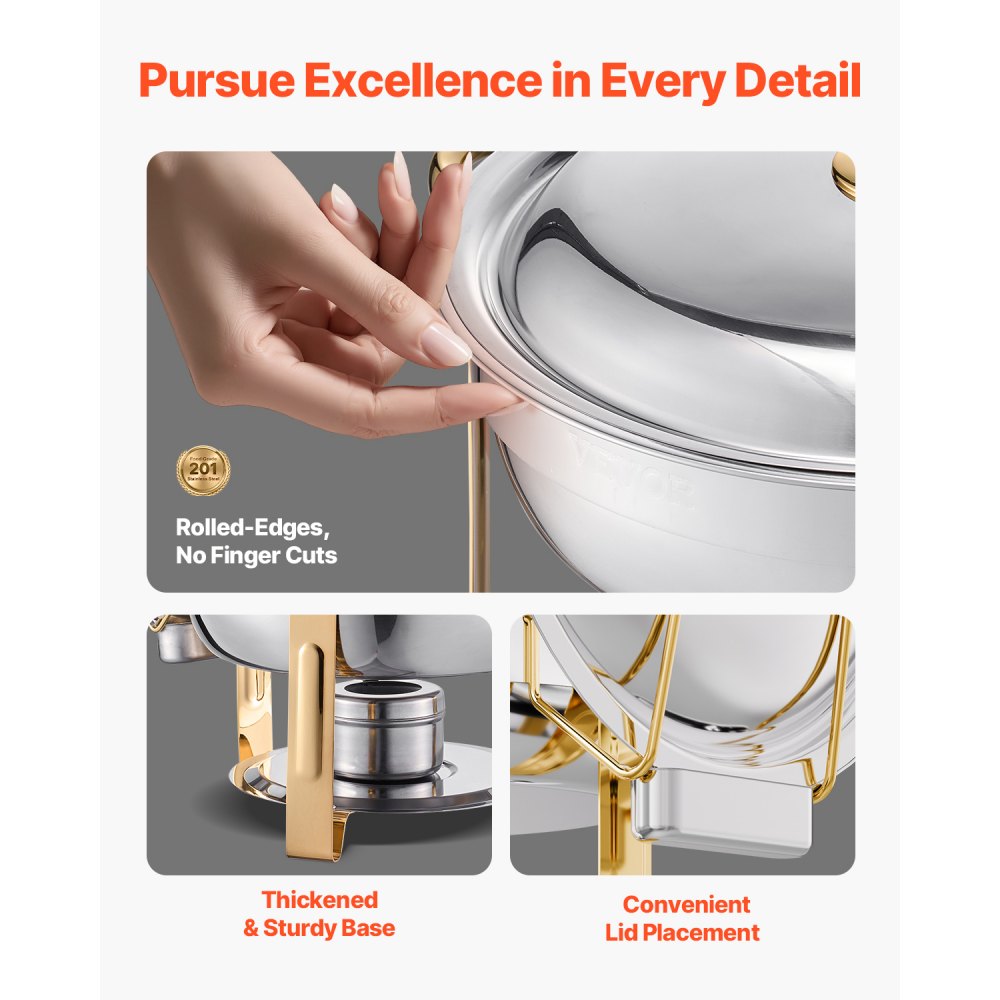 VEVOR Chafing Dish Buffet Set, 5 Qt 4 Pack, Stainless Steel Chafer with 4 Full Size Pans, Round Catering Warmer Server with Lid Water Pan Folding Stand Clip, for Weddings Parties Banquets, Gold