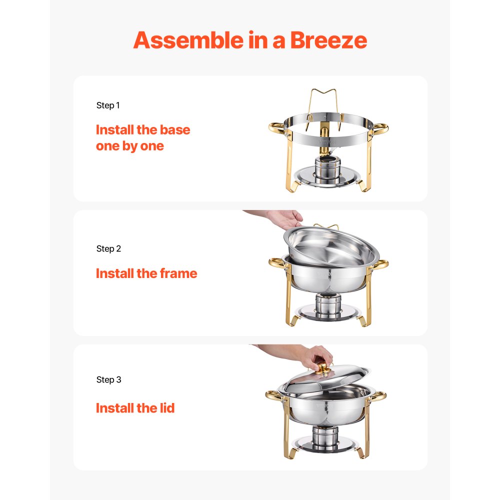 VEVOR Chafing Dish Buffet Set, 5 Qt 4 Pack, Stainless Steel Chafer with 4 Full Size Pans, Round Catering Warmer Server with Lid Water Pan Folding Stand Clip, for Weddings Parties Banquets, Gold