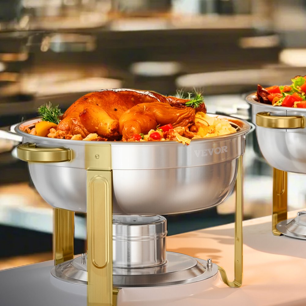 VEVOR Chafing Dish Buffet Set, 5 Qt 4 Pack, Stainless Steel Chafer with 4 Full Size Pans, Round Catering Warmer Server with Lid Water Pan Folding Stand Clip, for Weddings Parties Banquets, Gold