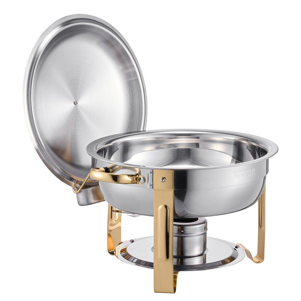 VEVOR Chafing Dish Buffet Set, 5 Qt 4 Pack, Stainless Steel Chafer with 4 Full Size Pans, Round Catering Warmer Server with Lid Water Pan Folding Stand Clip, for Weddings Parties Banquets, Gold