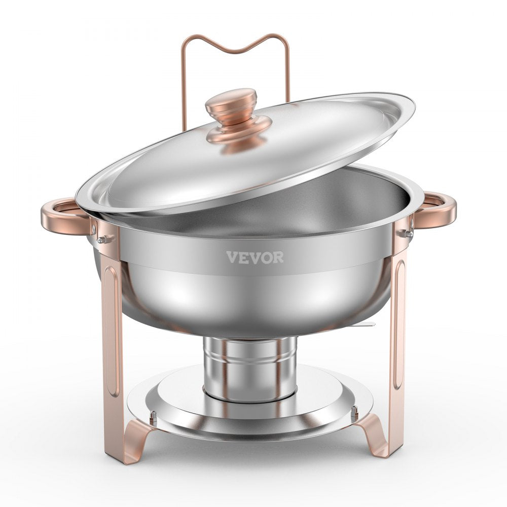 VEVOR Chafing Dish Buffet Set, 5 Qt 4 Pack, Stainless Steel Chafer with 4 Full Size Pans, Round Catering Warmer Server with Lid Water Pan Folding Stand Clip, for Weddings Parties Banquets, Rose Gold