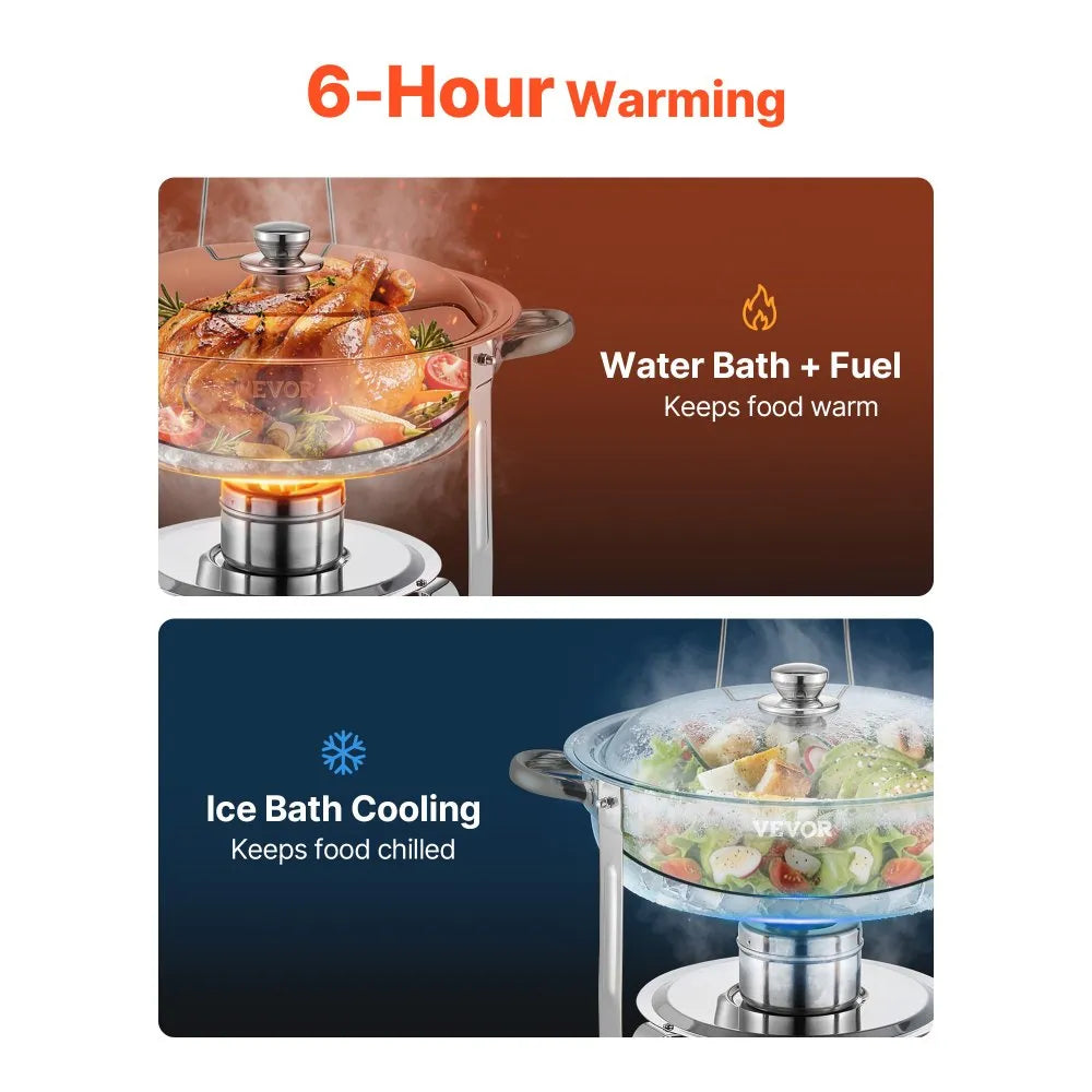 VEVOR Chafing Dish Buffet Set, 5 Qt 4 Pack, Stainless Steel Chafer with 4 Full Size Pans, Round Catering Warmer Server with Lid Water Pan Folding Stand Clip, for Weddings Parties Banquets, Silver