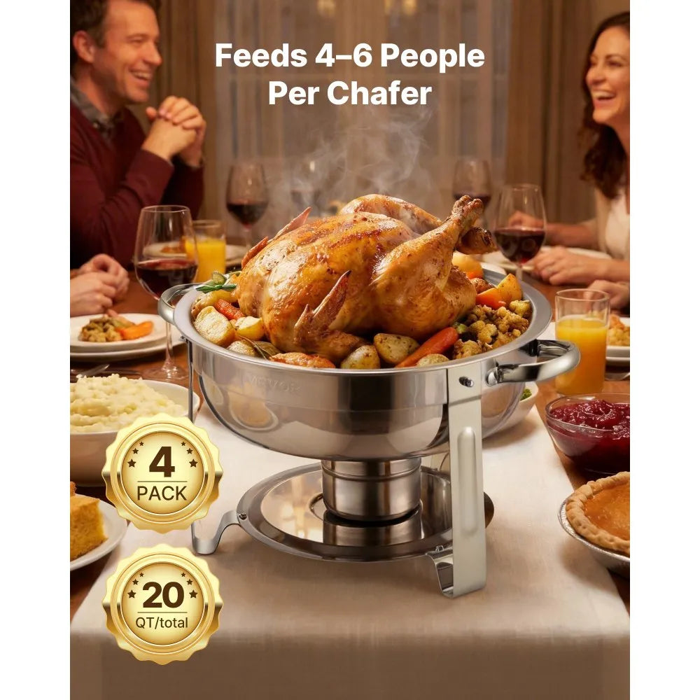 VEVOR Chafing Dish Buffet Set, 5 Qt 4 Pack, Stainless Steel Chafer with 4 Full Size Pans, Round Catering Warmer Server with Lid Water Pan Folding Stand Clip, for Weddings Parties Banquets, Silver