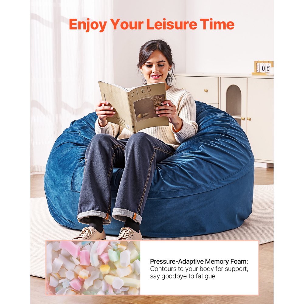 VEVOR Bean Bag Chair, Round BeanBag Chair with Removable & Washable Cover for Adult, Dutch Velvet & High-Density Foam Filling Adult Bean Bag with Handle and Side Pocket for Living Room, Bedroom, Blue