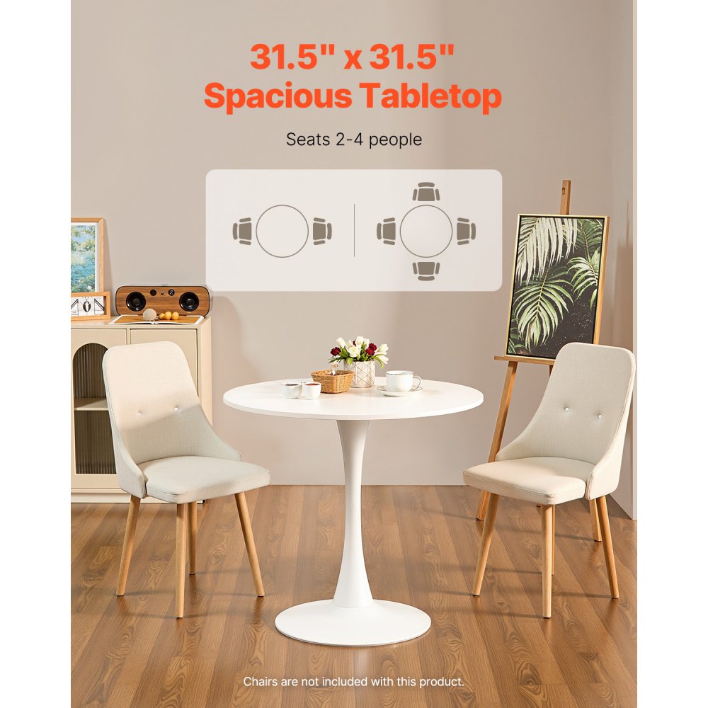 VEVOR Round Dining Table, 31.5 in Wood Table for 2-4 Person, Modern Circle Furniture, Leisure Coffee Office Tables with Pedestal Base in Tulip Design, for Home Kitchen Living Room, White(Only Table)