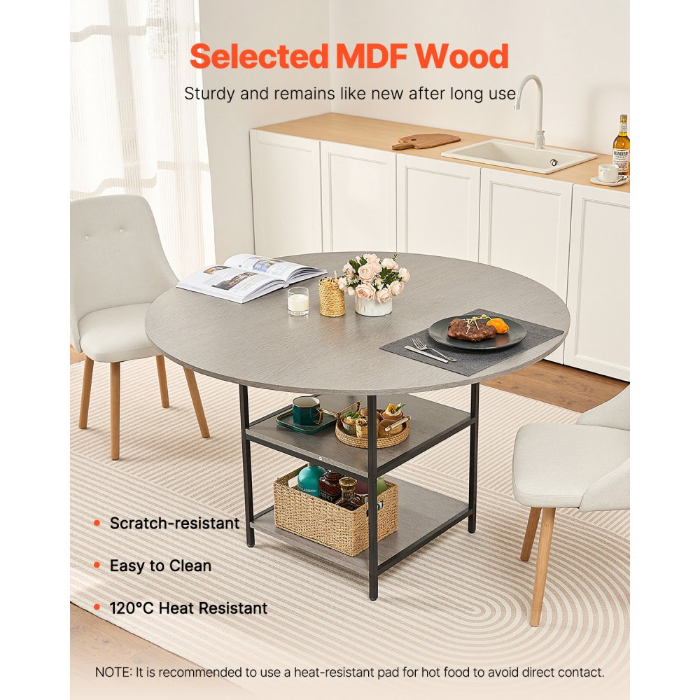 VEVOR Round Dining Table, 47 inch Wood Table for 4-6 Person, Modern Circle Dinner Furniture, Leisure Tables with Storage Shelf and Metal Legs, for Home Kitchen Living Room, Grey (Only Table)