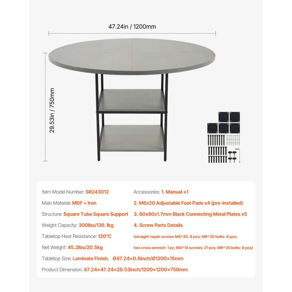 VEVOR Round Dining Table, 47 inch Wood Table for 4-6 Person, Modern Circle Dinner Furniture, Leisure Tables with Storage Shelf and Metal Legs, for Home Kitchen Living Room, Grey (Only Table)