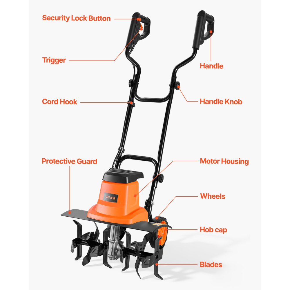 VEVOR Corded Electric Tiller, 18 Inch Tilling Width Garden Rototiller, 13.5-Amp Motor Heavy-Duty Tilling Machine, Cultivator with Steel Tines and Foldable Handle, for Lawn, Yard, and Gardening Care