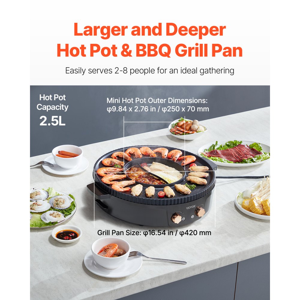 VEVOR Hot Pot with Grill, 1800W 2-in-1 Electric Smokeless Grill and Hot Pot, Korean BBQ Shabu Shabu Hotpot with Separate Dual Temperature Control, Non-stick Pan, for 2-8 People Family Dining