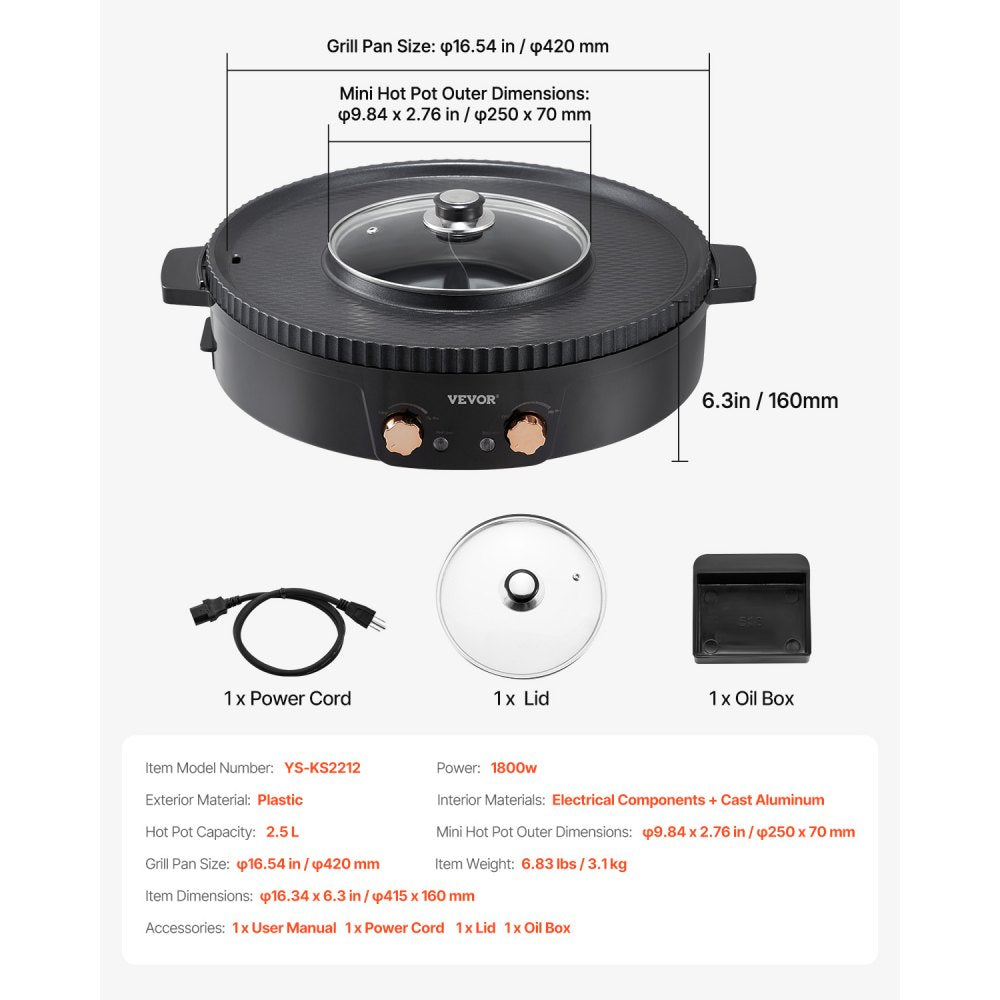 VEVOR Hot Pot with Grill, 1800W 2-in-1 Electric Smokeless Grill and Hot Pot, Korean BBQ Shabu Shabu Hotpot with Separate Dual Temperature Control, Non-stick Pan, for 2-8 People Family Dining