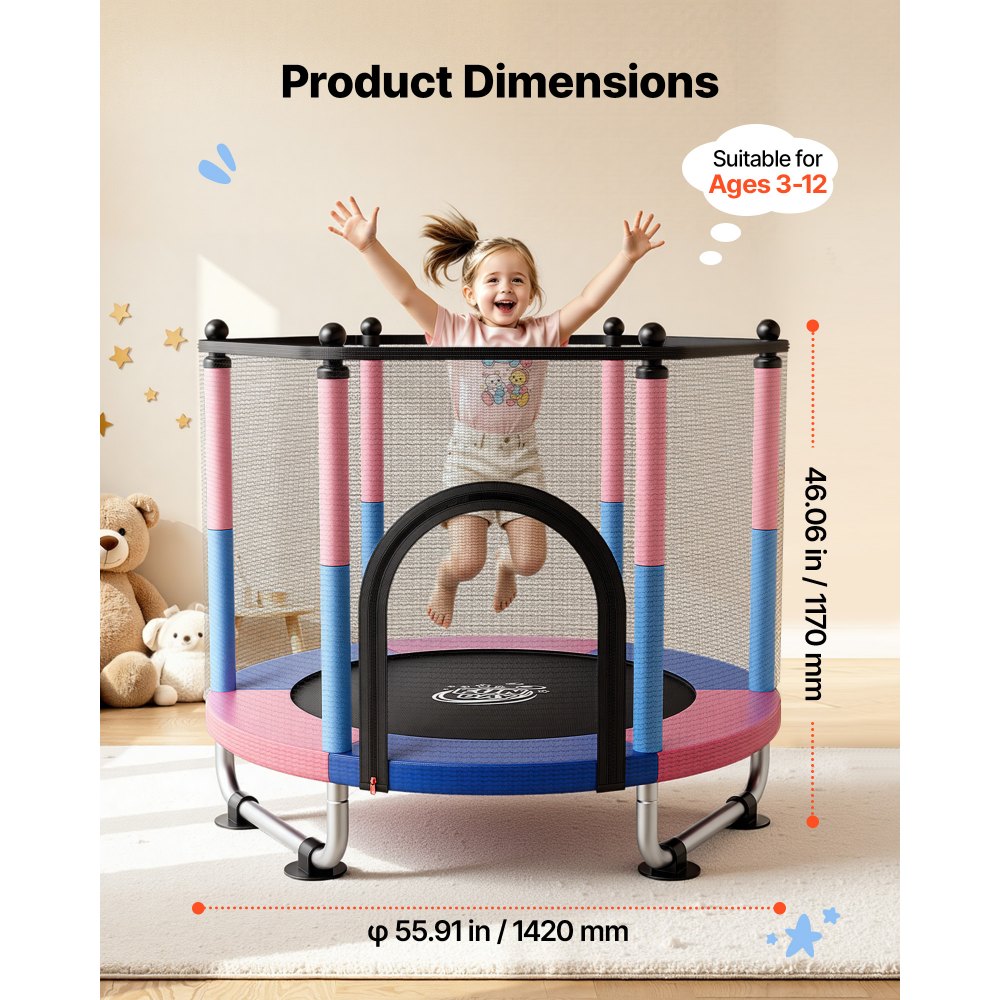 VEVOR 55" Trampoline for Kids, 4.6 FT Toddler Mini Trampoline, 132 lbs Capacity Indoor Outdoor Play Toys with Enclosure Net, Swing, and Basketball Hoop, Christmas Toys Birthday Gifts for Girls Boys