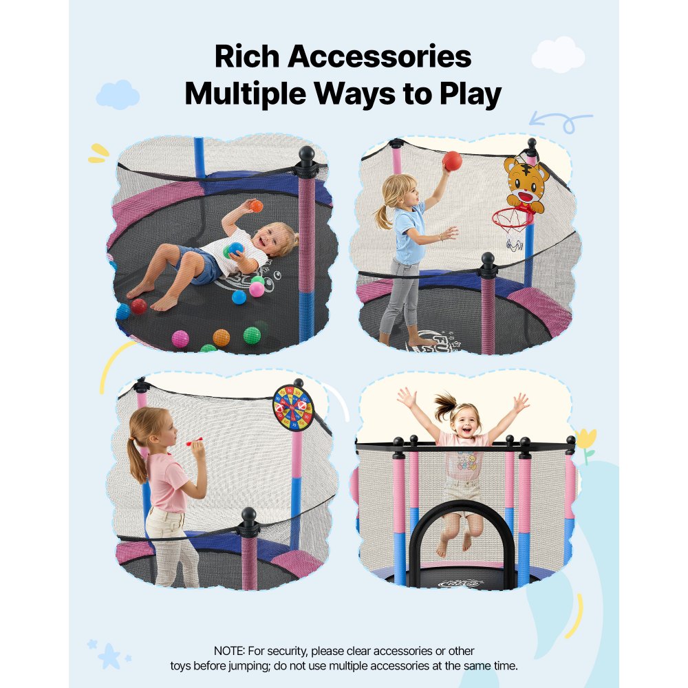VEVOR 55" Trampoline for Kids, 4.6 FT Toddler Mini Trampoline, 132 lbs Capacity Indoor Outdoor Play Toys with Enclosure Net, Swing, and Basketball Hoop, Christmas Toys Birthday Gifts for Girls Boys