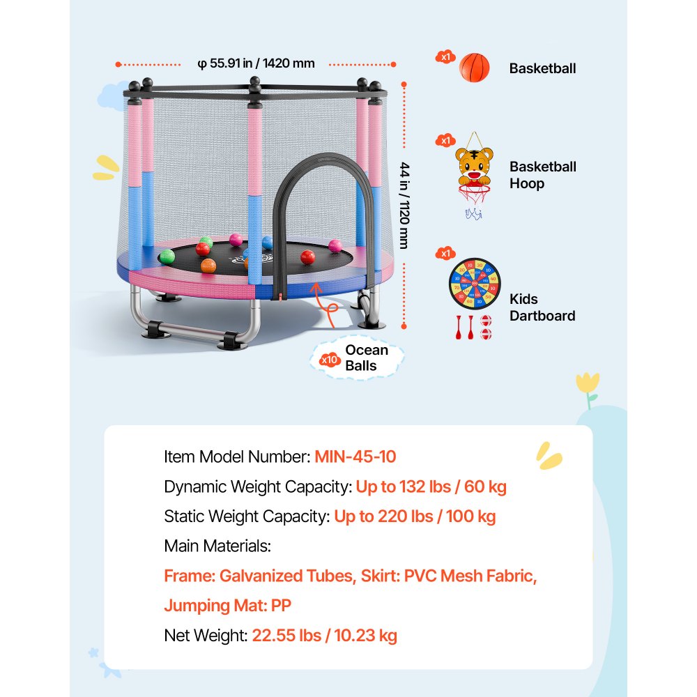 VEVOR 55" Trampoline for Kids, 4.6 FT Toddler Mini Trampoline, 132 lbs Capacity Indoor Outdoor Play Toys with Enclosure Net, Swing, and Basketball Hoop, Christmas Toys Birthday Gifts for Girls Boys