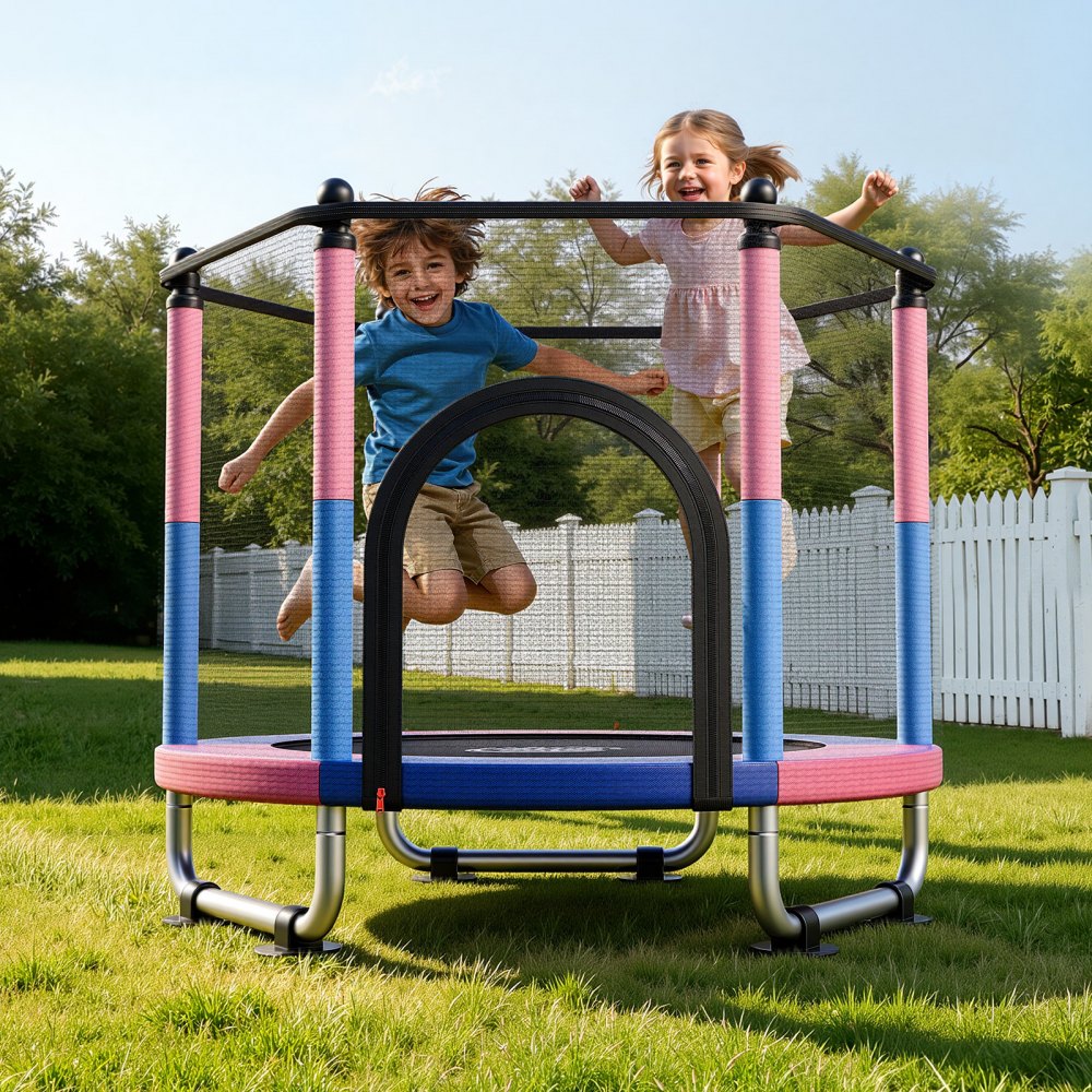 VEVOR 55" Trampoline for Kids, 4.6 FT Toddler Mini Trampoline, 132 lbs Capacity Indoor Outdoor Play Toys with Enclosure Net, Swing, and Basketball Hoop, Christmas Toys Birthday Gifts for Girls Boys