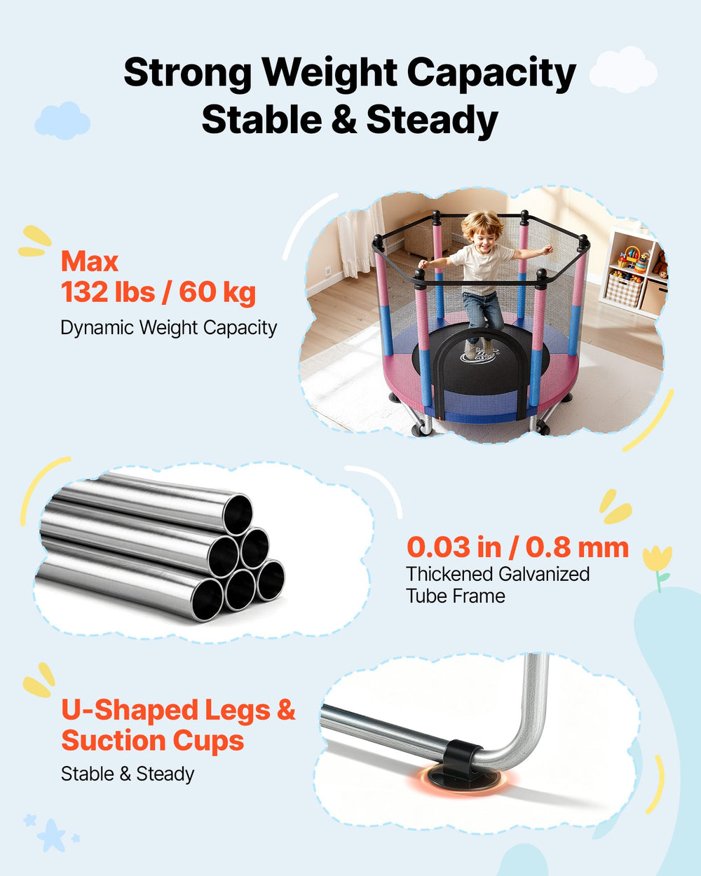VEVOR 55" Trampoline for Kids, 4.6 FT Toddler Mini Trampoline, 132 lbs Capacity Indoor Outdoor Play Toys with Enclosure Net, Swing, and Basketball Hoop, Christmas Toys Birthday Gifts for Girls Boys