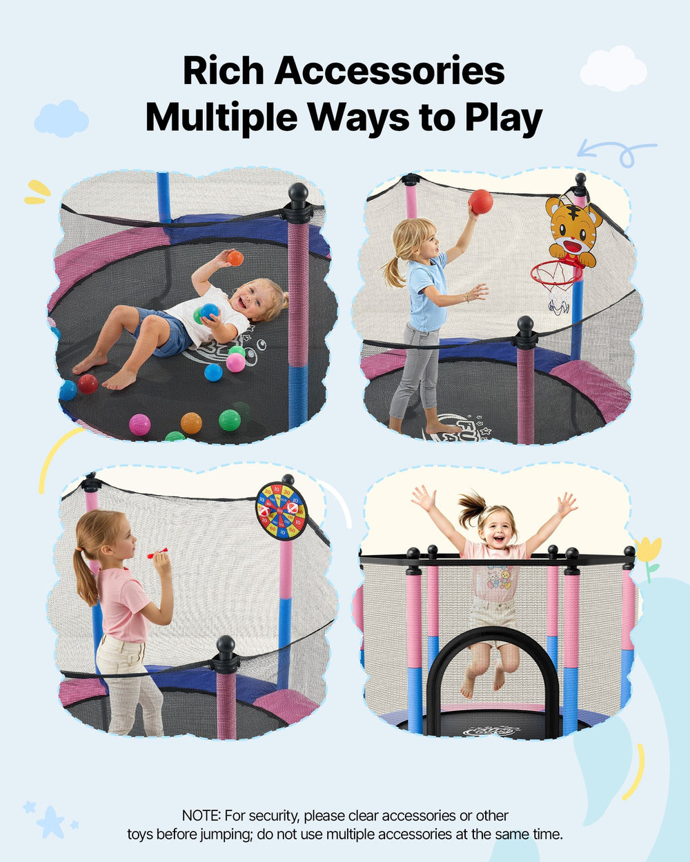 VEVOR 55" Trampoline for Kids, 4.6 FT Toddler Mini Trampoline, 132 lbs Capacity Indoor Outdoor Play Toys with Enclosure Net, Swing, and Basketball Hoop, Christmas Toys Birthday Gifts for Girls Boys