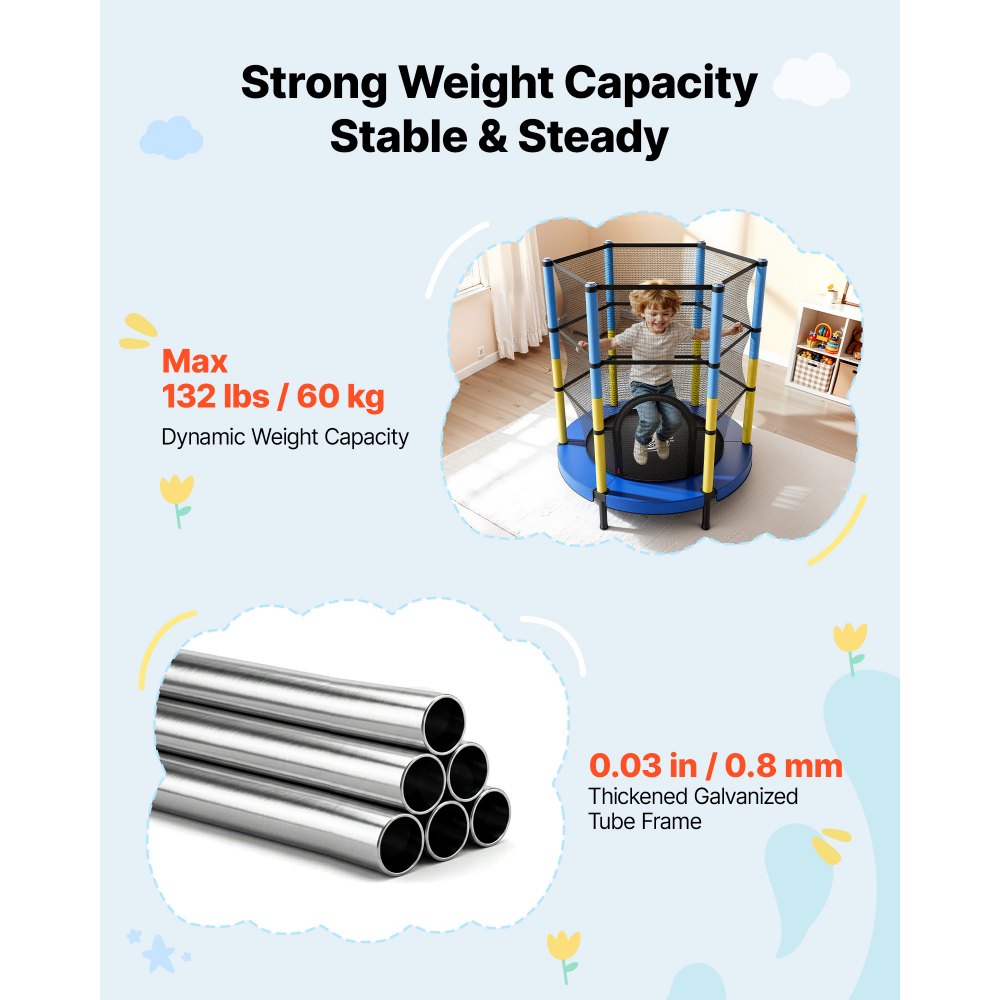 VEVOR 55" Trampoline for Kids, 4.6 FT Toddler Mini Trampoline, 132 lbs Capacity Indoor Outdoor Play Toys with Enclosure Net, Easy to Assemble, Christmas Toys Birthday Gifts for Girls Boys