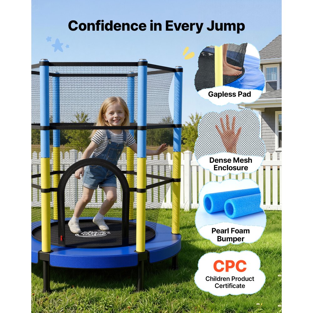 VEVOR 55" Trampoline for Kids, 4.6 FT Toddler Mini Trampoline, 132 lbs Capacity Indoor Outdoor Play Toys with Enclosure Net, Easy to Assemble, Christmas Toys Birthday Gifts for Girls Boys