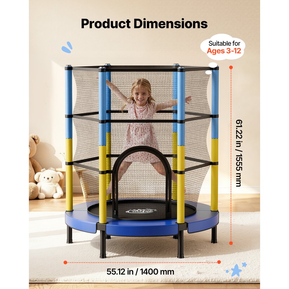 VEVOR 55" Trampoline for Kids, 4.6 FT Toddler Mini Trampoline, 132 lbs Capacity Indoor Outdoor Play Toys with Enclosure Net, Easy to Assemble, Christmas Toys Birthday Gifts for Girls Boys
