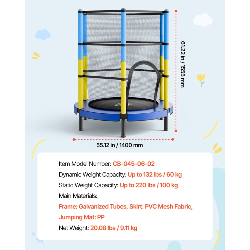 VEVOR 55" Trampoline for Kids, 4.6 FT Toddler Mini Trampoline, 132 lbs Capacity Indoor Outdoor Play Toys with Enclosure Net, Easy to Assemble, Christmas Toys Birthday Gifts for Girls Boys