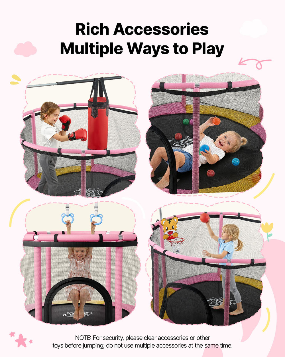 VEVOR 60" Trampoline for Kids, 5 FT Toddler Mini Trampoline, 132 lbs Indoor Outdoor Play Toys with Enclosure Net and Adjustable Gymnastics Bar, Christmas Toys Birthday Gifts for Girls Boys