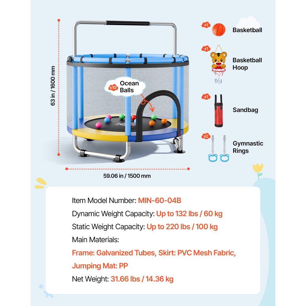 VEVOR 60" Trampoline for Kids, 5 FT Toddler Mini Trampoline, 132 lbs Indoor Outdoor Play Toys with Enclosure Net and Adjustable Gymnastics Bar, Christmas Toys Birthday Gifts for Girls Boys