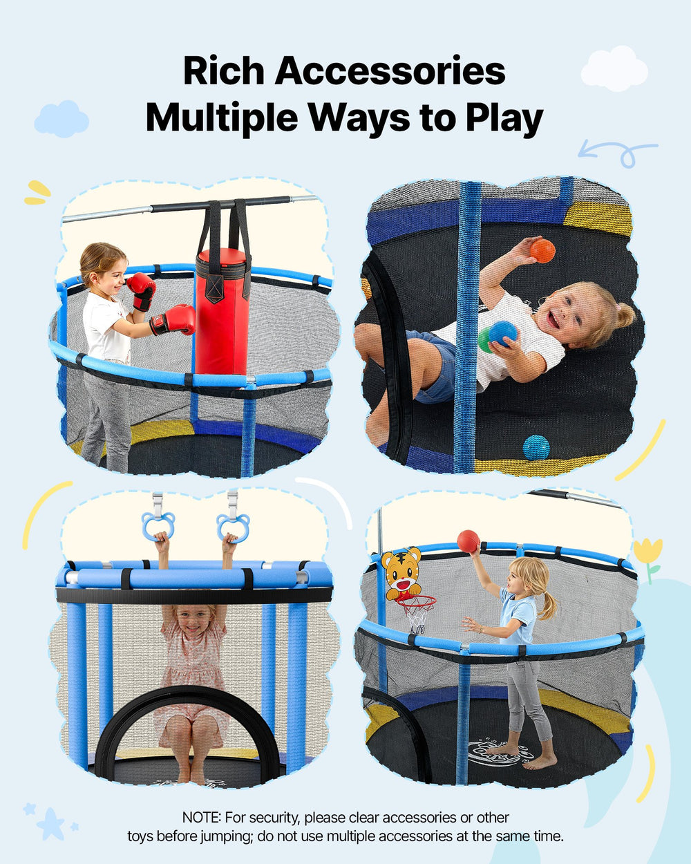 VEVOR 60" Trampoline for Kids, 5 FT Toddler Mini Trampoline, 132 lbs Indoor Outdoor Play Toys with Enclosure Net and Adjustable Gymnastics Bar, Christmas Toys Birthday Gifts for Girls Boys