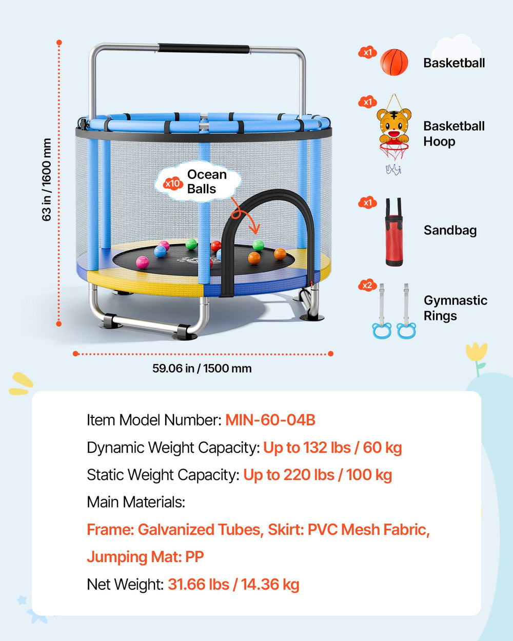 VEVOR 60" Trampoline for Kids, 5 FT Toddler Mini Trampoline, 132 lbs Indoor Outdoor Play Toys with Enclosure Net and Adjustable Gymnastics Bar, Christmas Toys Birthday Gifts for Girls Boys