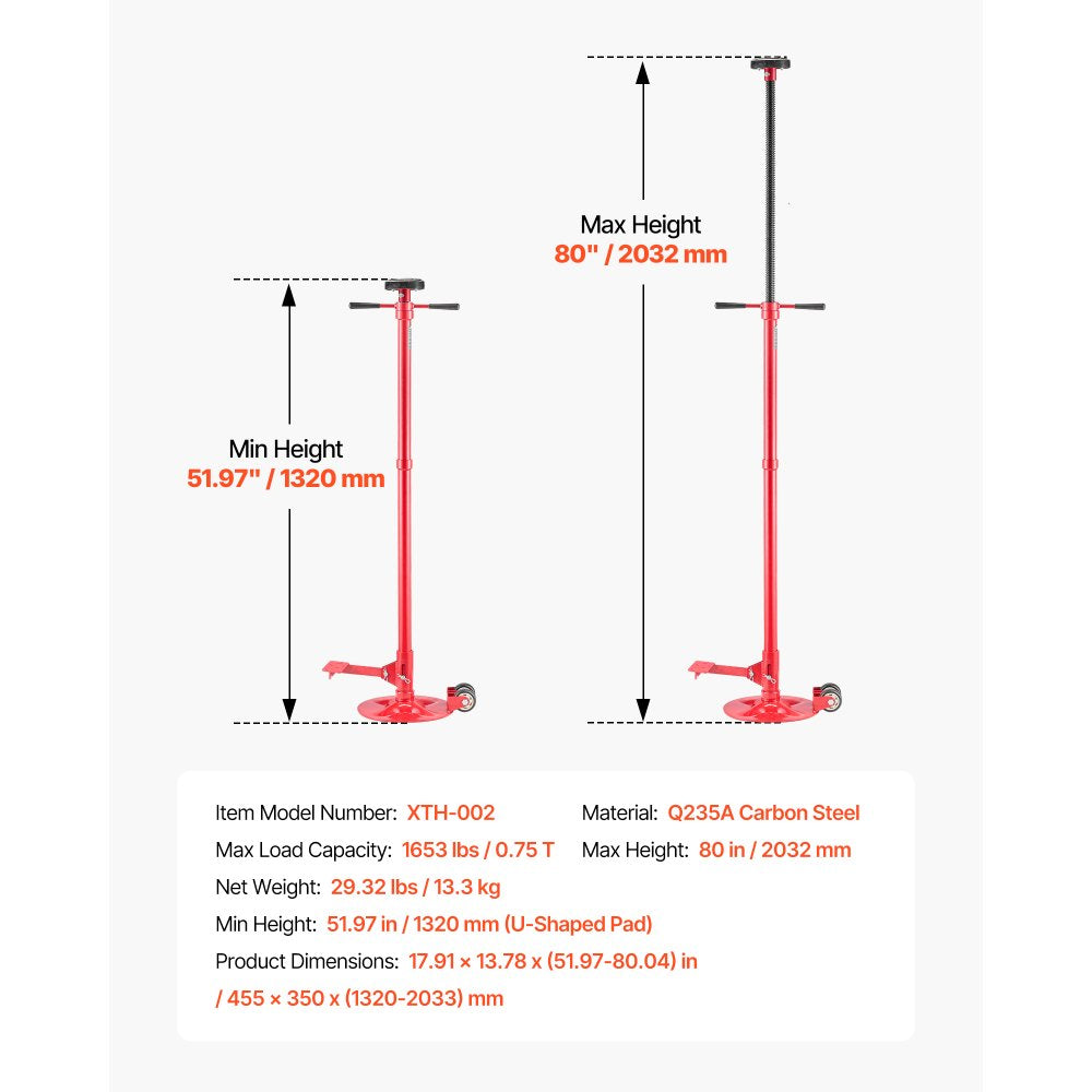 VEVOR Underhoist Support Stand, 3/4 Ton (1653 lbs) Capacity Under Hoist Jack Stand with Two Wheels, Lifting from 51.97" to 80", Bearing Mounted Spin Handle, Foot Pedal, Support Vehicle Components