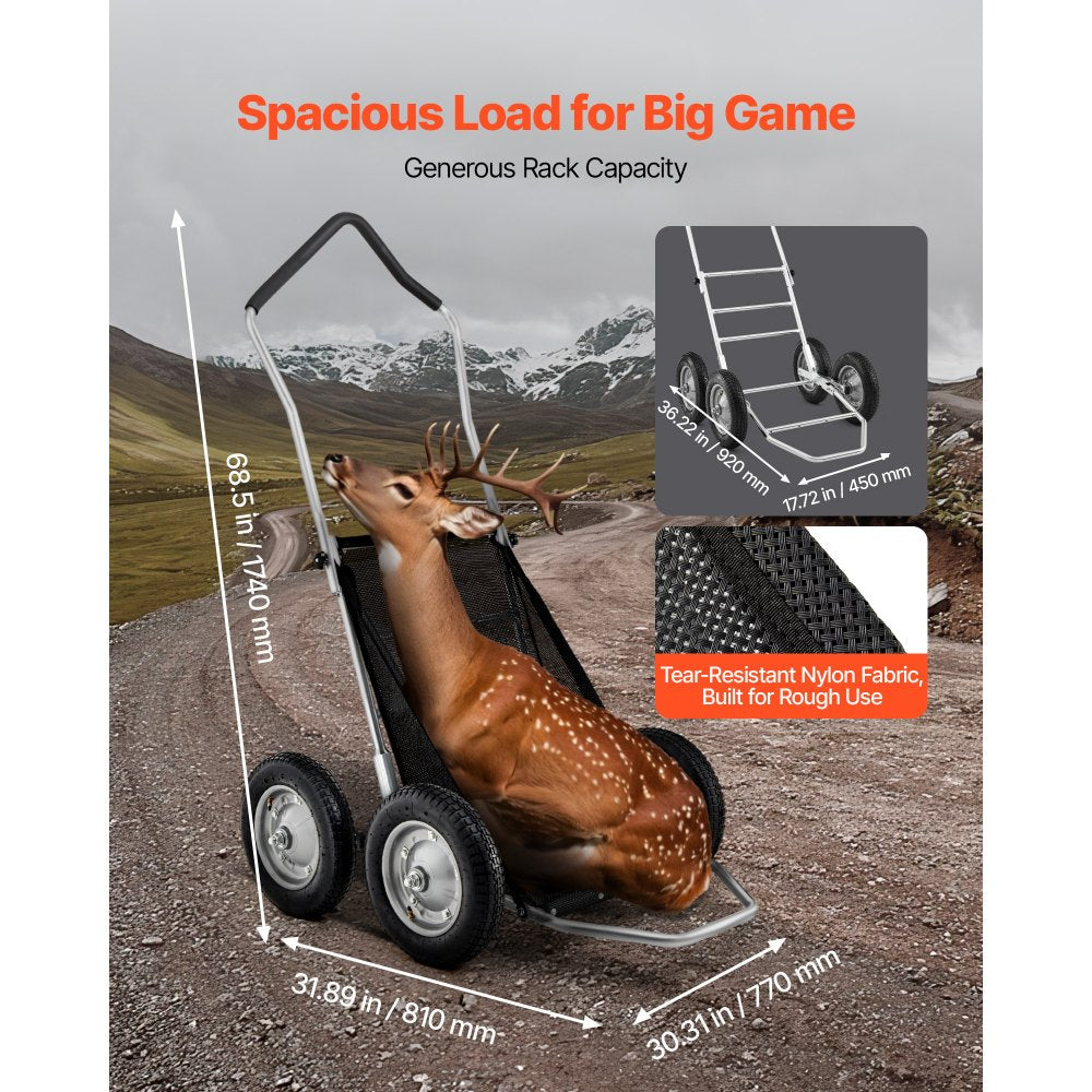 VEVOR Game Carts for Hunting, 500LBS Deer Cart Game Hauler, Heavy-Duty Crawler Cart, All-Terrain Folding Deer Hauling Cart with Shock-Absorbing Tires, Utility Gear Dolly for Hunting Fishing Hiking