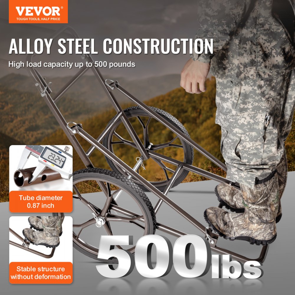 VEVOR Deer Cart, 500 LBS Capacity Folding Game Cart, Deer Cart Game Hauler with 17" Big Rubber Wheel & Ergonomic Handle, Heavy-Duty Game Cart Accessories, Utility Gear Dolly for Hunting Fishing Hiking