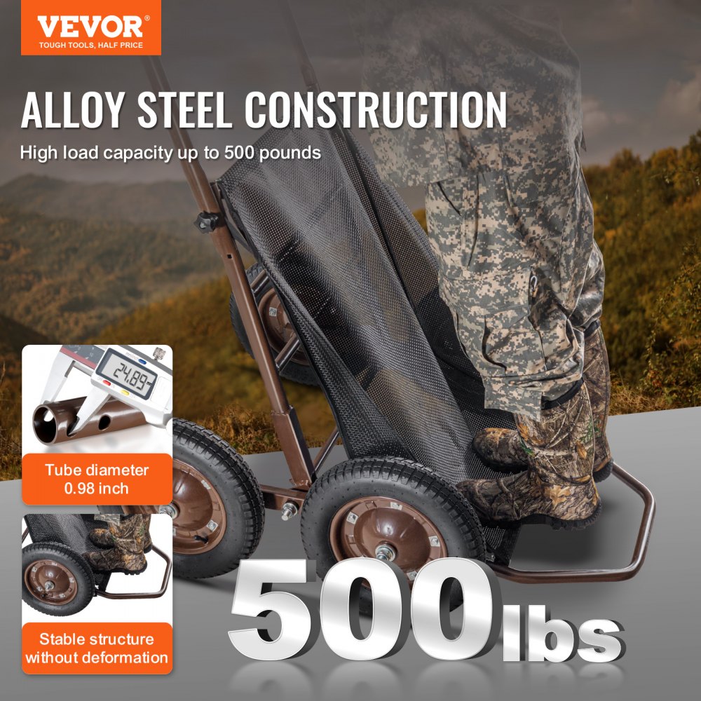 VEVOR Deer Cart, 500 LBS Capacity Folding Game Cart, Deer Cart Game Hauler with 4 Big Wheels & Ergonomic Handle, Heavy-Duty Game Cart Accessories, Utility Gear Dolly for Hunting Fishing Hiking