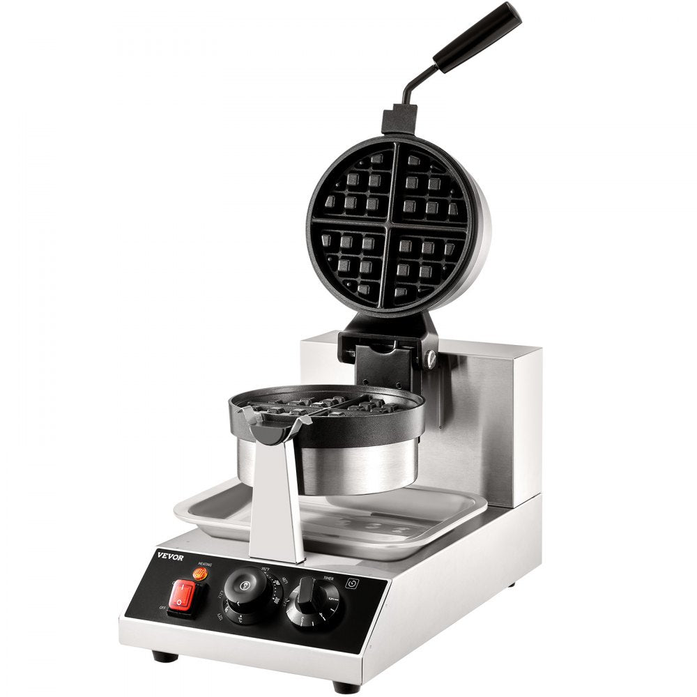 VEVOR Commercial Waffle Maker, 1 Piece per Batch, 1300W Round Waffle Iron, Non-Stick Waffle Baker Machine with 122-572℉ / 50-300℃ Temp Range Teflon-Coated Baking Pans Stainless Steel Body, 120V