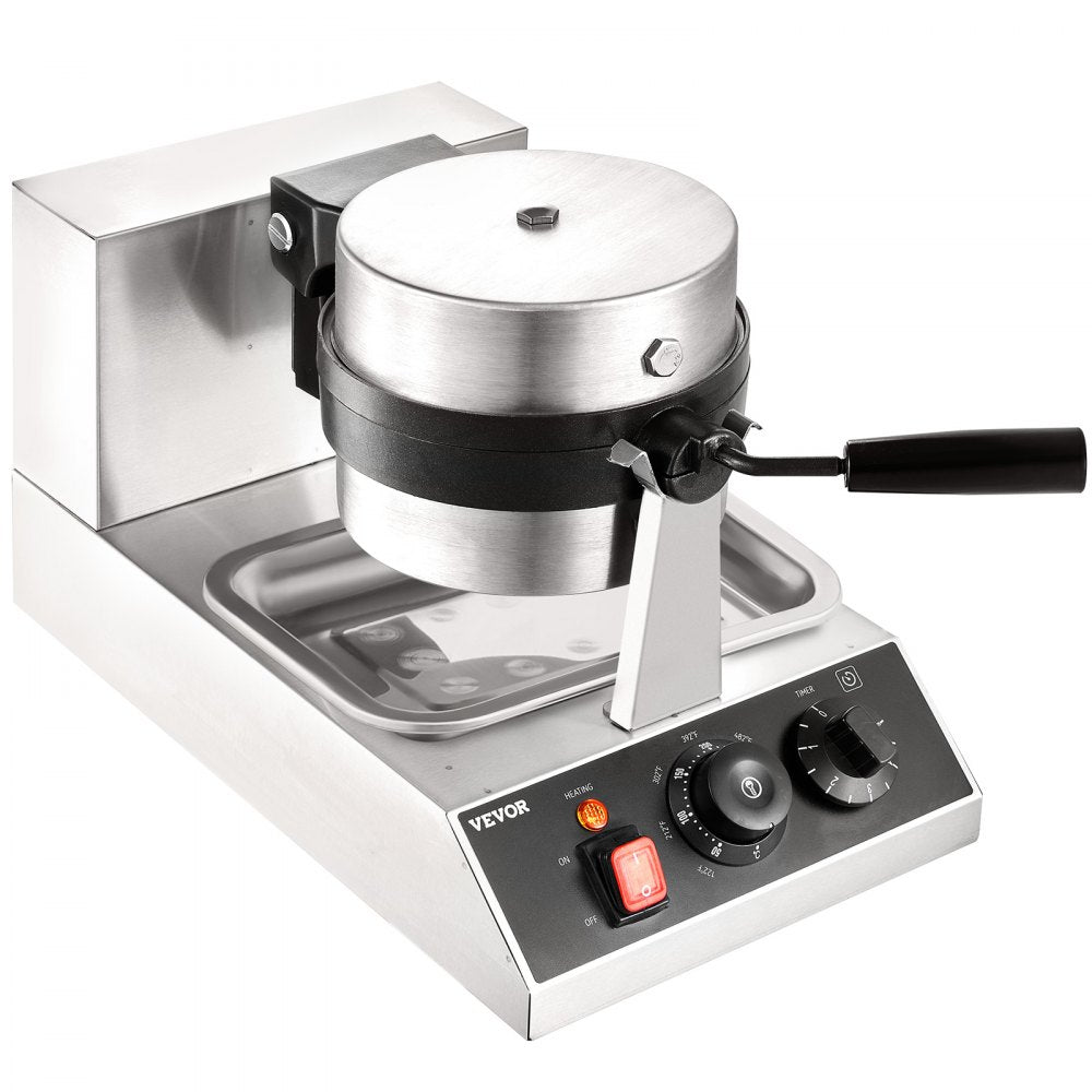 VEVOR Commercial Waffle Maker, 1 Piece per Batch, 1300W Round Waffle Iron, Non-Stick Waffle Baker Machine with 122-572℉ / 50-300℃ Temp Range Teflon-Coated Baking Pans Stainless Steel Body, 120V