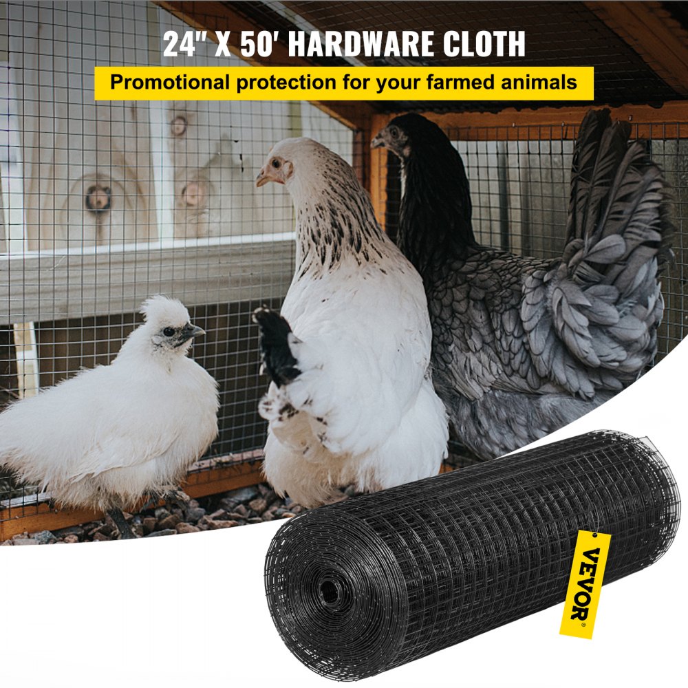 VEVOR Hardware Cloth, 24\" x50\' & 1\"x1\" Mesh Size, Galvanized Steel Vinyl Coated 16 Gauge Welded Wire with A Cutting Plier & A Pair of Fabric Gloves, for Garden Fencing & Pet Enclosures, Black