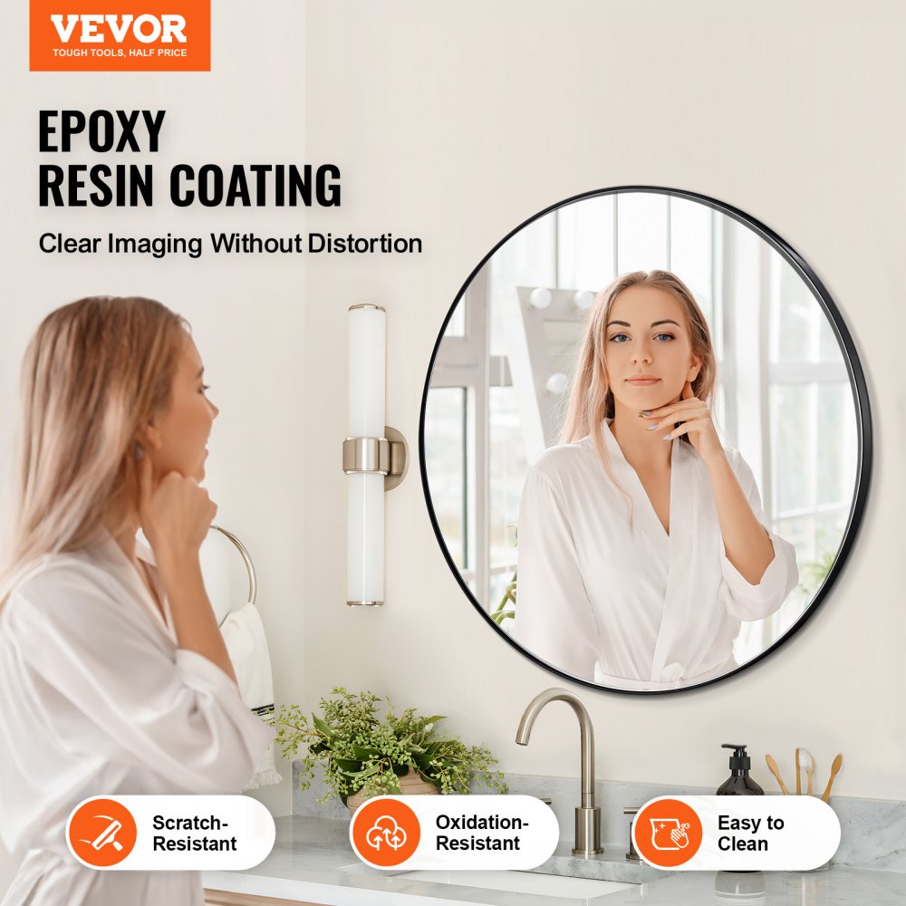 VEVOR Wall Mounted Makeup Mirror, 0.15" Thick, 30 in Mirror with Aluminium Alloy Frame & Explosion-Proof Film, Scratch-Resistant Mirror with Z-Shaped Bracket, Fit for Bathroom/Bedroom/Living Room