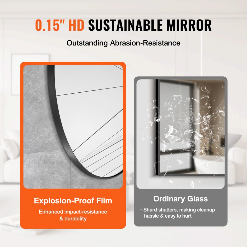 VEVOR Wall Mounted Makeup Mirror, 0.15" Thick, 30 in Mirror with Aluminium Alloy Frame & Explosion-Proof Film, Scratch-Resistant Mirror with Z-Shaped Bracket, Fit for Bathroom/Bedroom/Living Room
