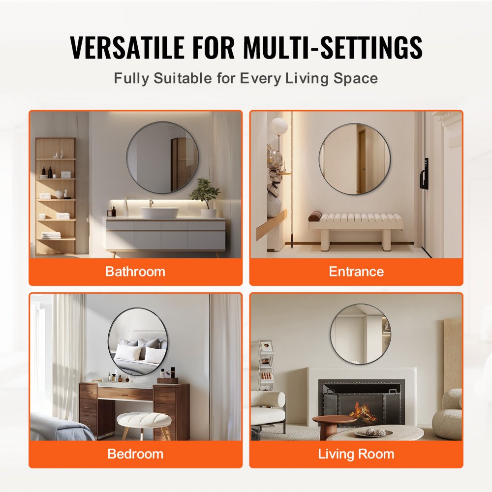 VEVOR Wall Mounted Makeup Mirror, 0.15" Thick, 30 in Mirror with Aluminium Alloy Frame & Explosion-Proof Film, Scratch-Resistant Mirror with Z-Shaped Bracket, Fit for Bathroom/Bedroom/Living Room