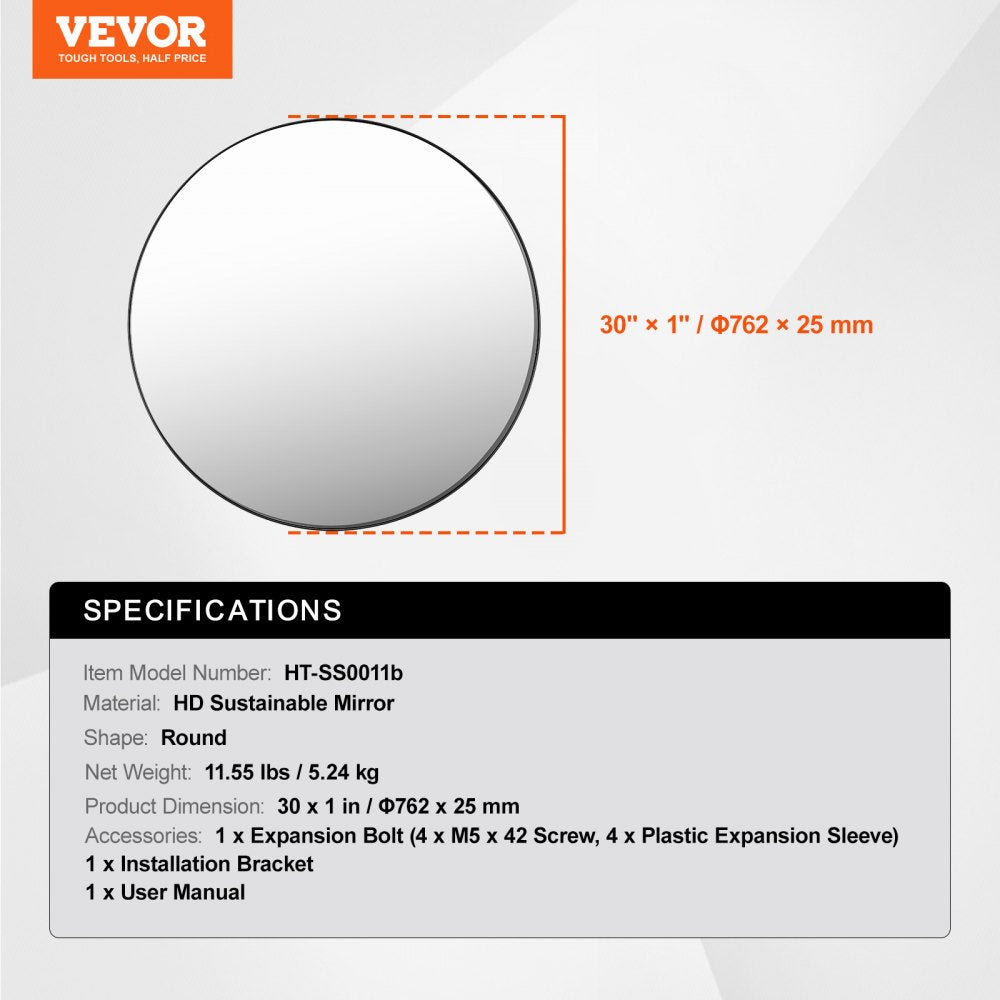 VEVOR Wall Mounted Makeup Mirror, 0.15" Thick, 30 in Mirror with Aluminium Alloy Frame & Explosion-Proof Film, Scratch-Resistant Mirror with Z-Shaped Bracket, Fit for Bathroom/Bedroom/Living Room
