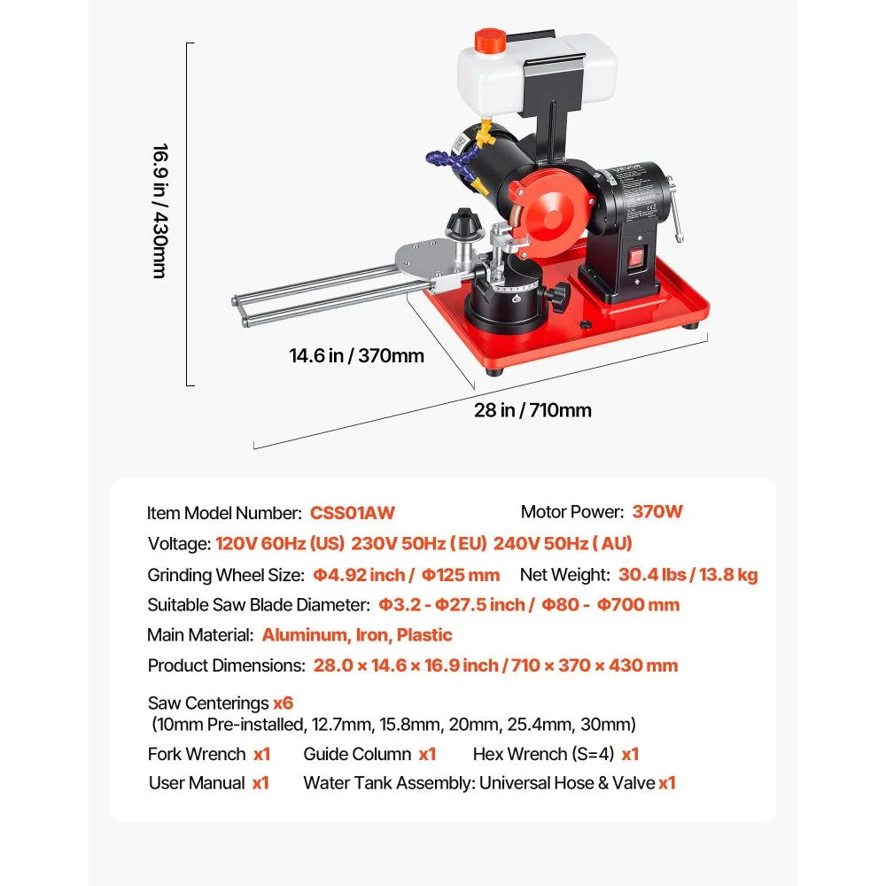 VEVOR Circular Saw Blade Sharpener with Water Tank, 370W 3590RPM Rotary Angle Mill Grinder, Water Injection Sharpening Machine with 5" Grinding Wheel - Fits Φ3.2" to Φ27.5" Circular Saw Blades