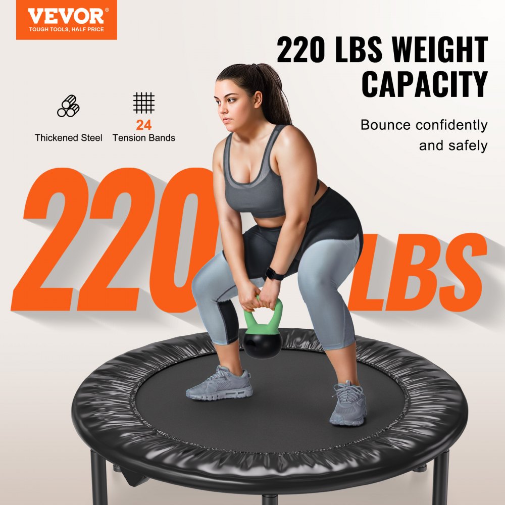 VEVOR Foldable Mini Trampoline, 36 Inch Fitness Rebounder, Max Load 220 lbs Exercise Trampoline, Stable & Quiet Indoor Small Workout Trampoline, Mini Trampoline for Adults Indoor/Garden Workout