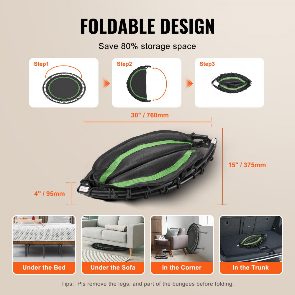 VEVOR Foldable Mini Trampoline, 40 Inch Fitness Rebounder, Max Load 330 lbs Exercise Trampoline, Stable & Quiet Indoor Small Workout Trampoline, Mini Trampoline for Adults Indoor/Garden Workout