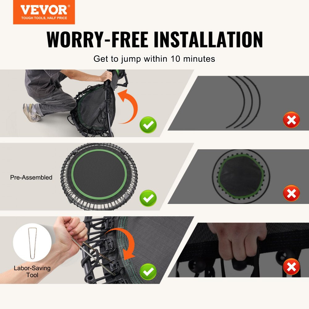 VEVOR Foldable Mini Trampoline, 40 Inch Fitness Rebounder, Max Load 330lbs Exercise Trampoline, Stable & Quiet Trampoline with 4 Level Height Adjustable Foam Handle, for Adults Indoor/Garden Workout